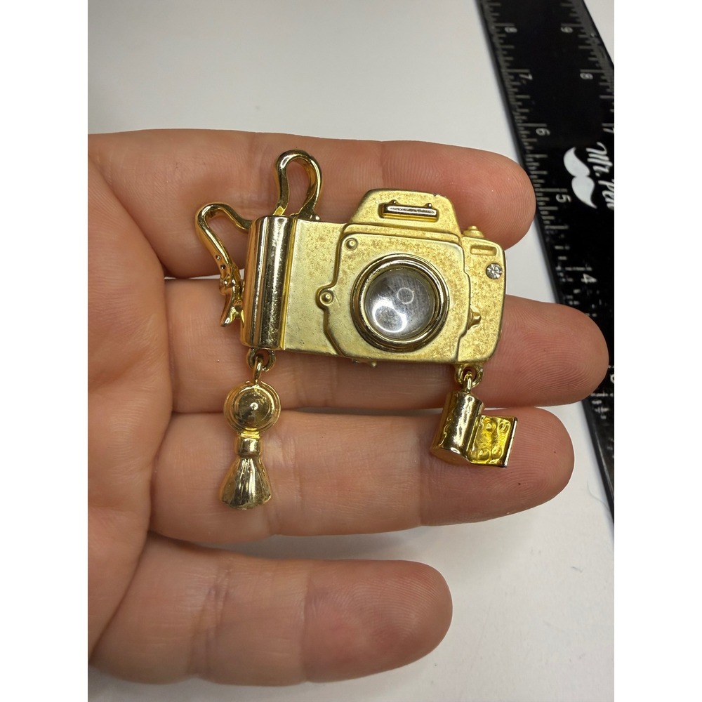 DC Gold Tone Camera Brooch with Charms Rhinestone Accent Novelty Jewelry